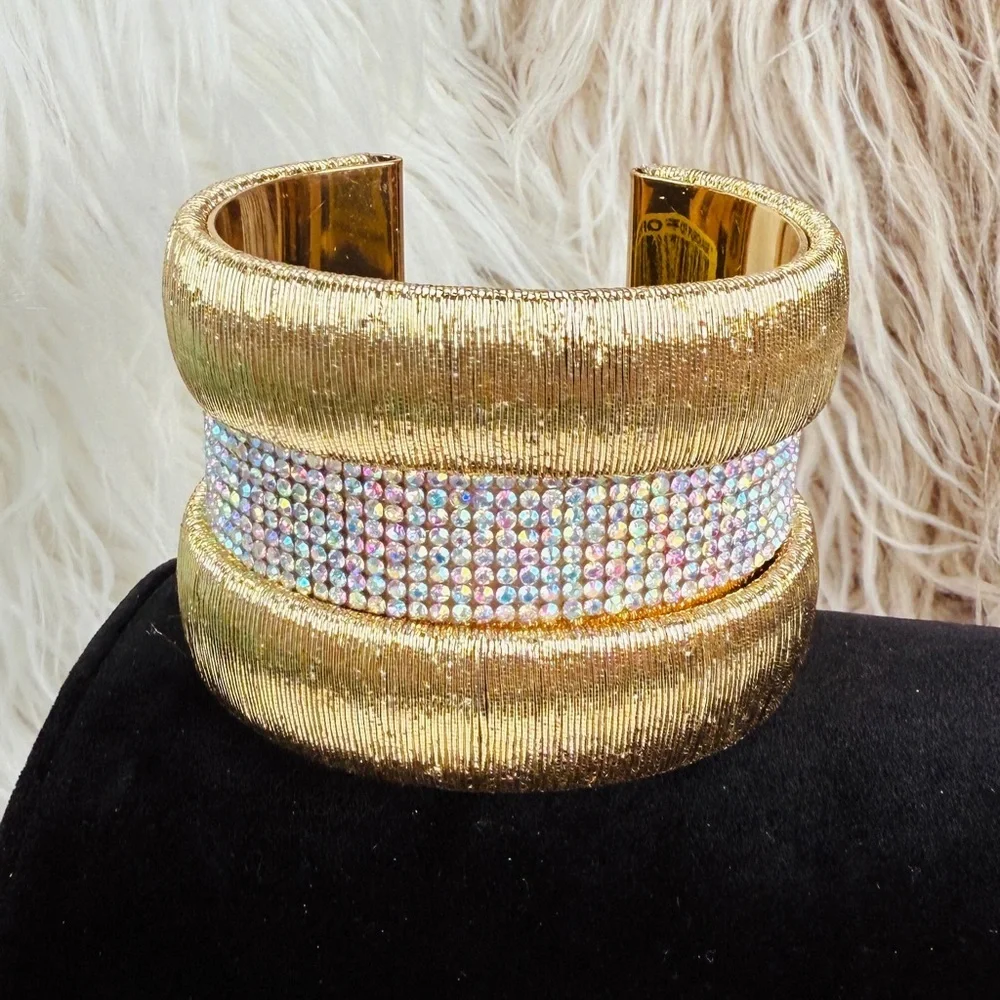 Chunky wide band, aged goldtone, iridescent cuff bracelet